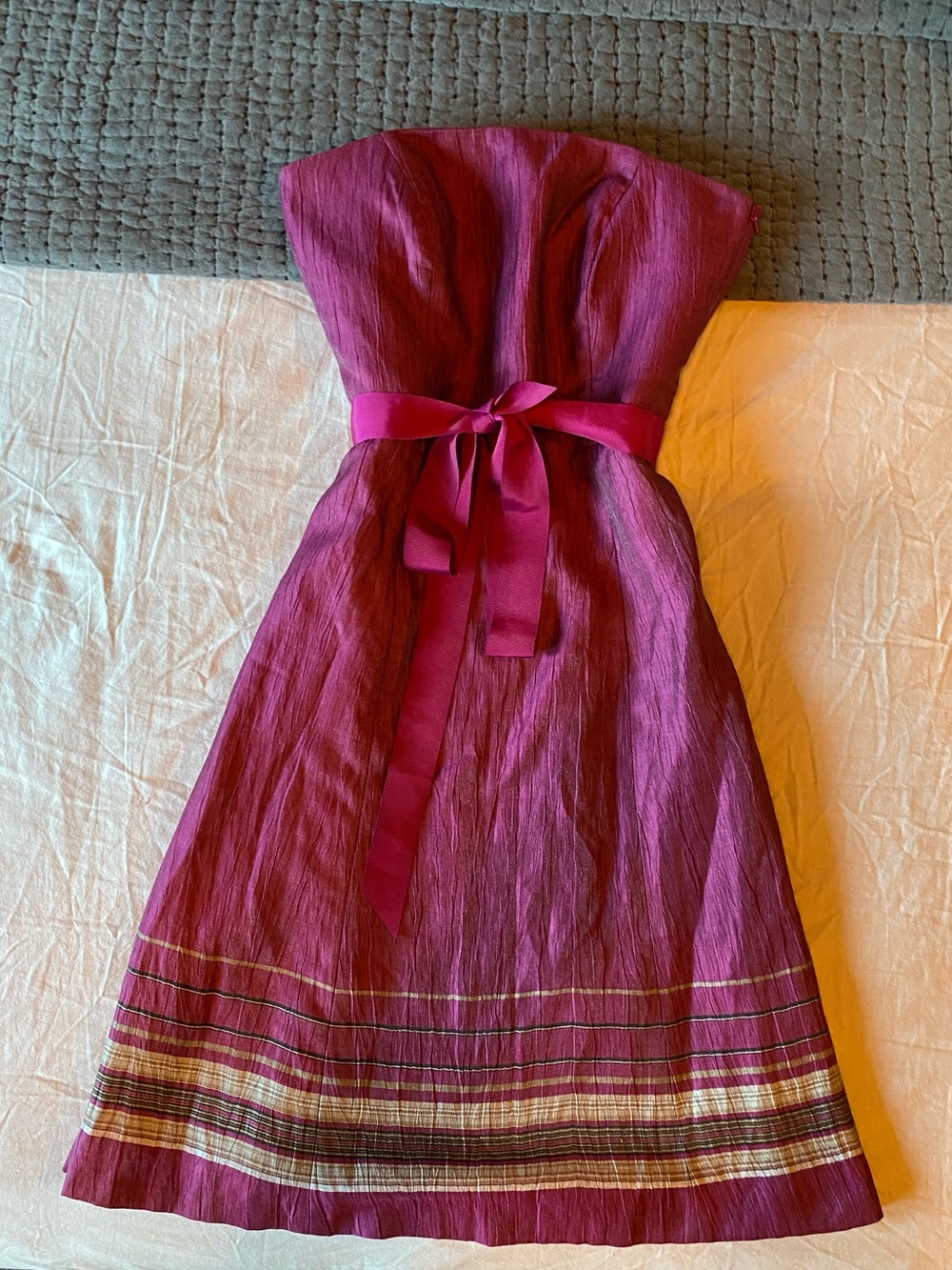 Strapless Loft Linen Ribbon-Waist Magenta Summer Dress 2000s Size 6